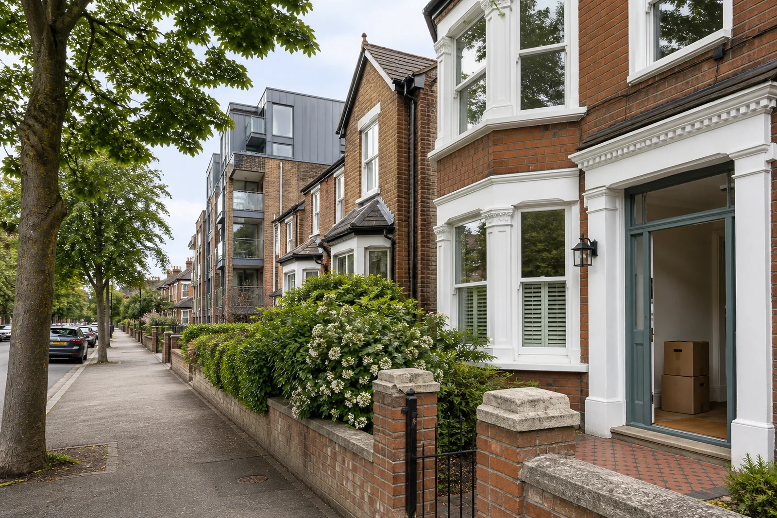 A tree-lined residential street with red-brick homes and moving boxes inside a doorway